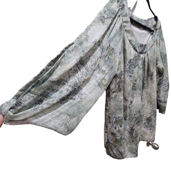 Dressbarn Size 2X Blouse 3/4 Sleeve 2 Layer Paisley Green Browm Metallic Blouse - Picture 3 of 7